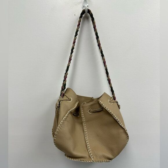 Valerie Steven’s Beige Leather Small Bucket Shoukder Bag Braided Leather Strap - Picture 8 of 16